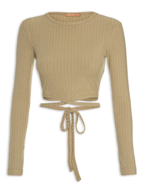 Blusa Feminina Cropped Canelada Manga Longa Com Amarração – Bege
