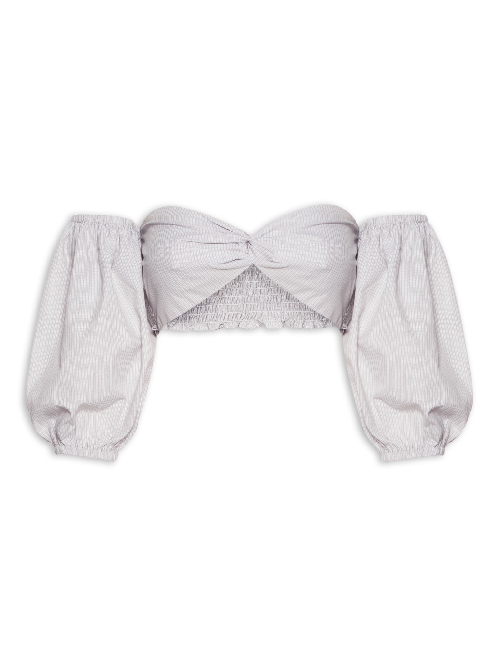 Blusa Feminina Cropped Ciganinha Com Manga Balone e Torção No Centro Do Decote Cinza Market 33