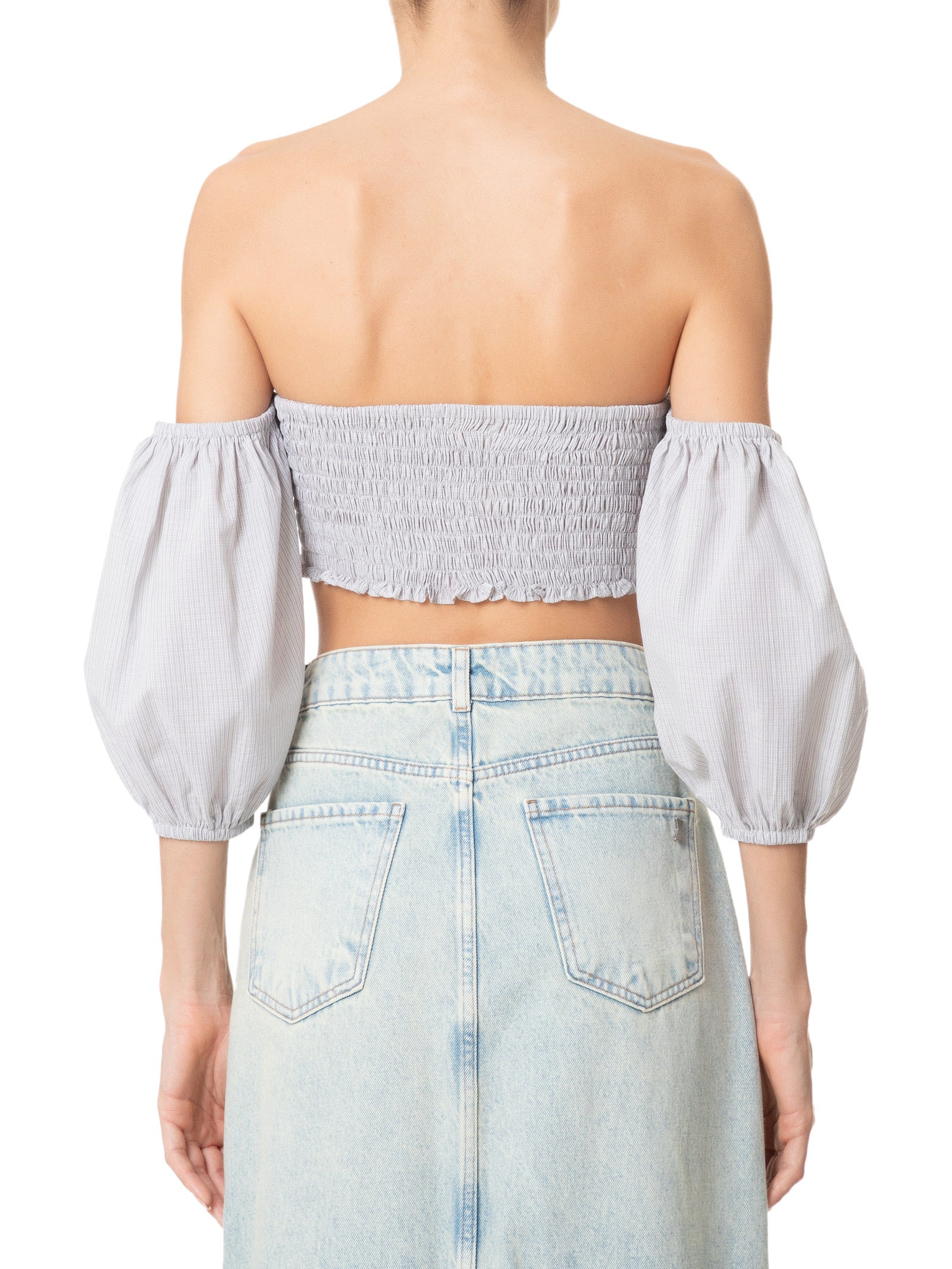 Blusa Feminina Cropped Ciganinha Com Manga Balone e Torção No Centro Do Decote Cinza Market 33