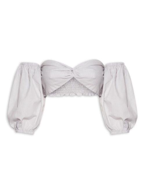 Blusa Feminina Cropped Ciganinha Com Manga Balone e Torção No Centro Do Decote - Cinza