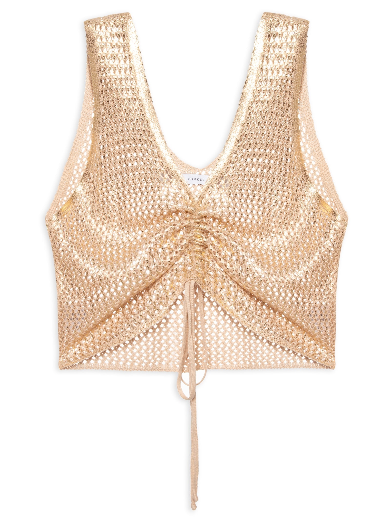 Blusa Feminina Cropped Com Amarração No Decote Em Tricot Com Foil Dourado Market 33