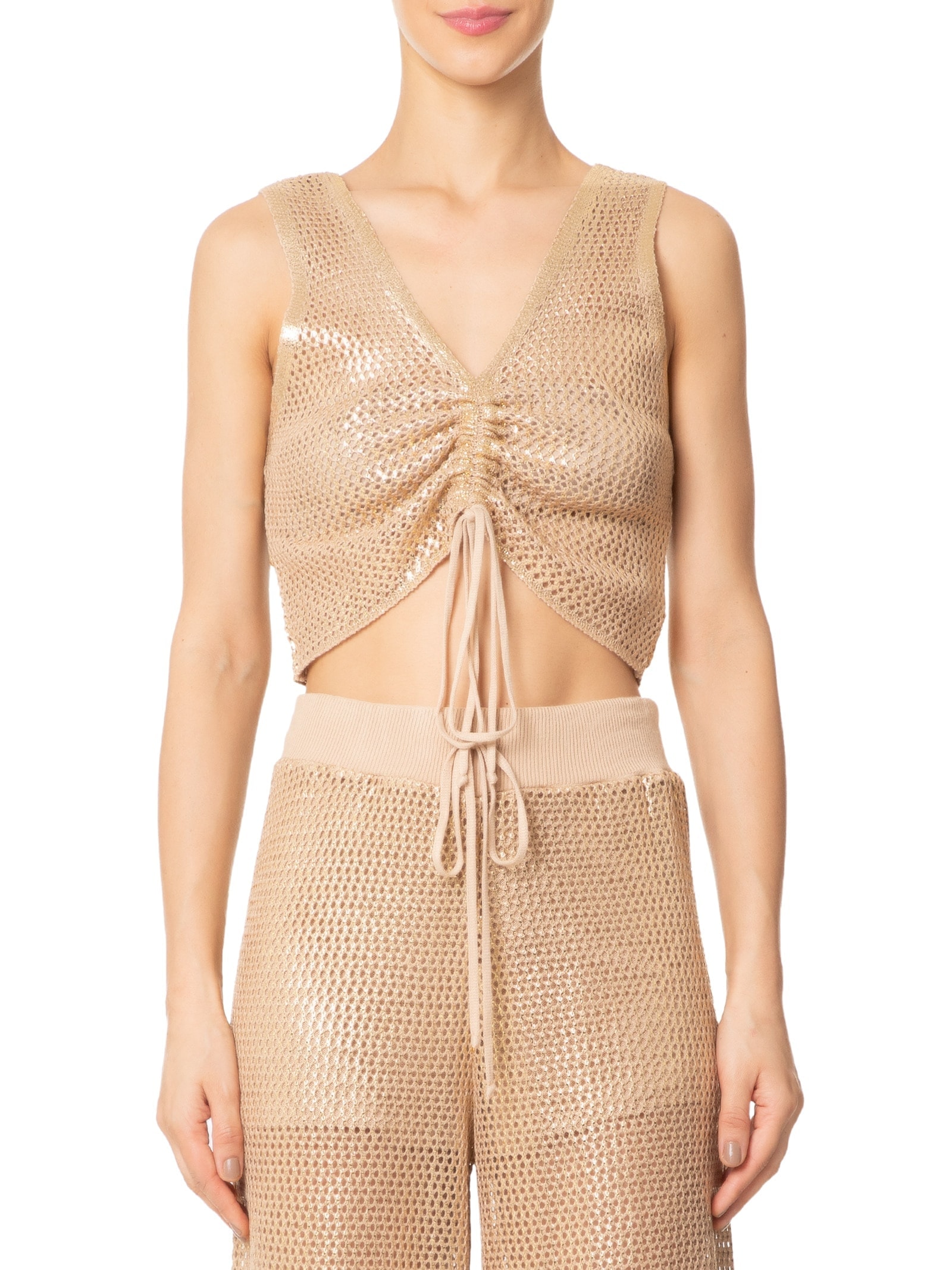 Blusa Feminina Cropped Com Amarração No Decote Em Tricot Com Foil Dourado Market 33