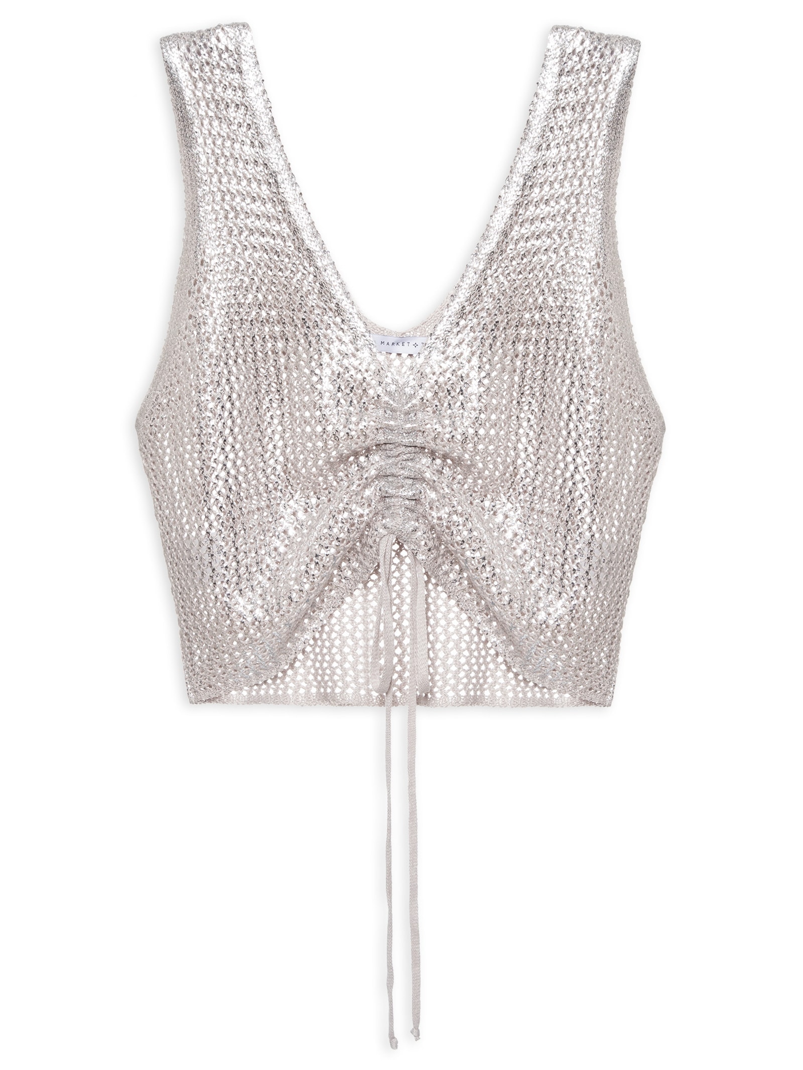 Blusa Feminina Cropped Com Amarração No Decote Em Tricot Com Foil Prata Market 33