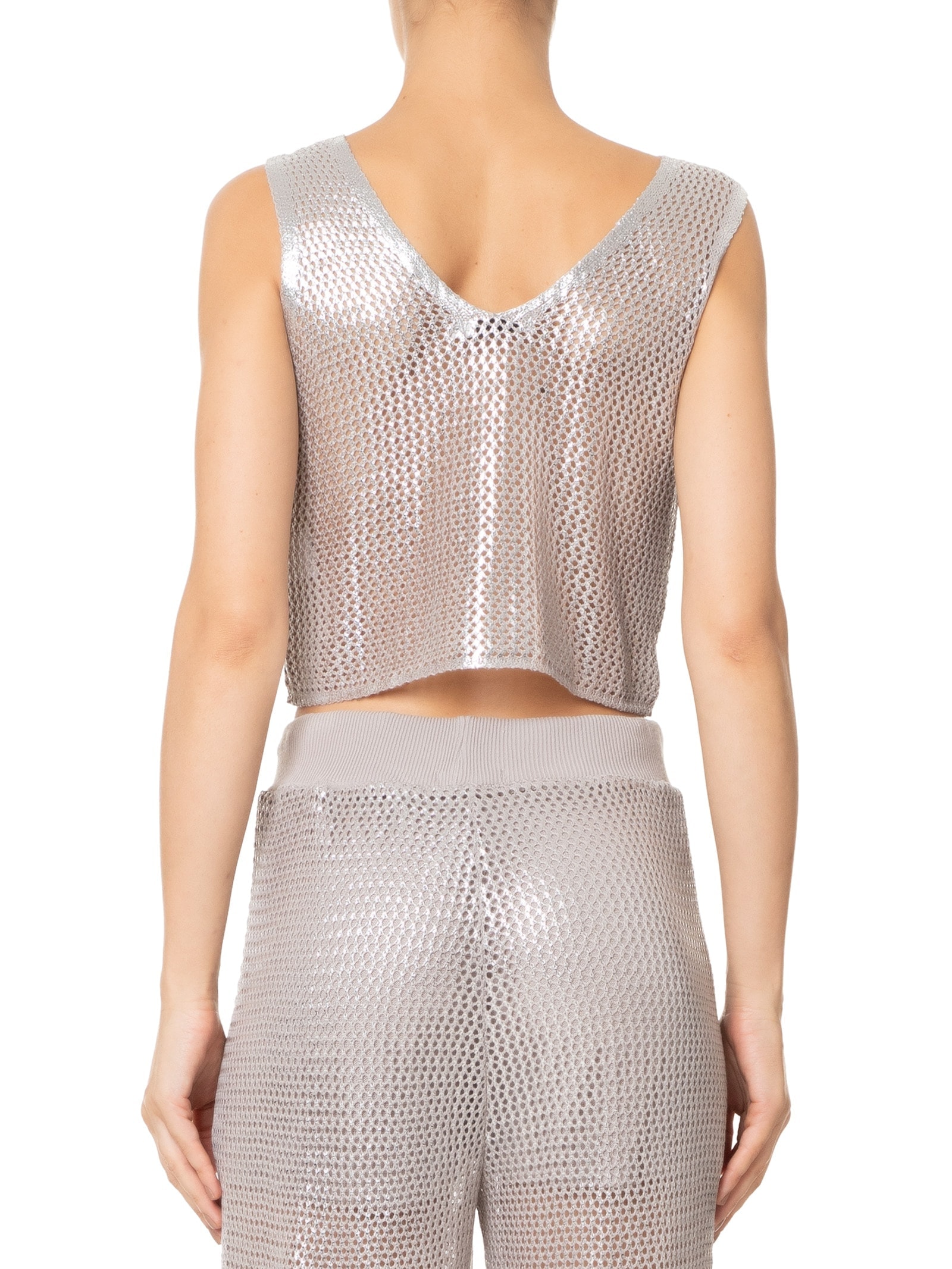 Blusa Feminina Cropped Com Amarração No Decote Em Tricot Com Foil Prata Market 33