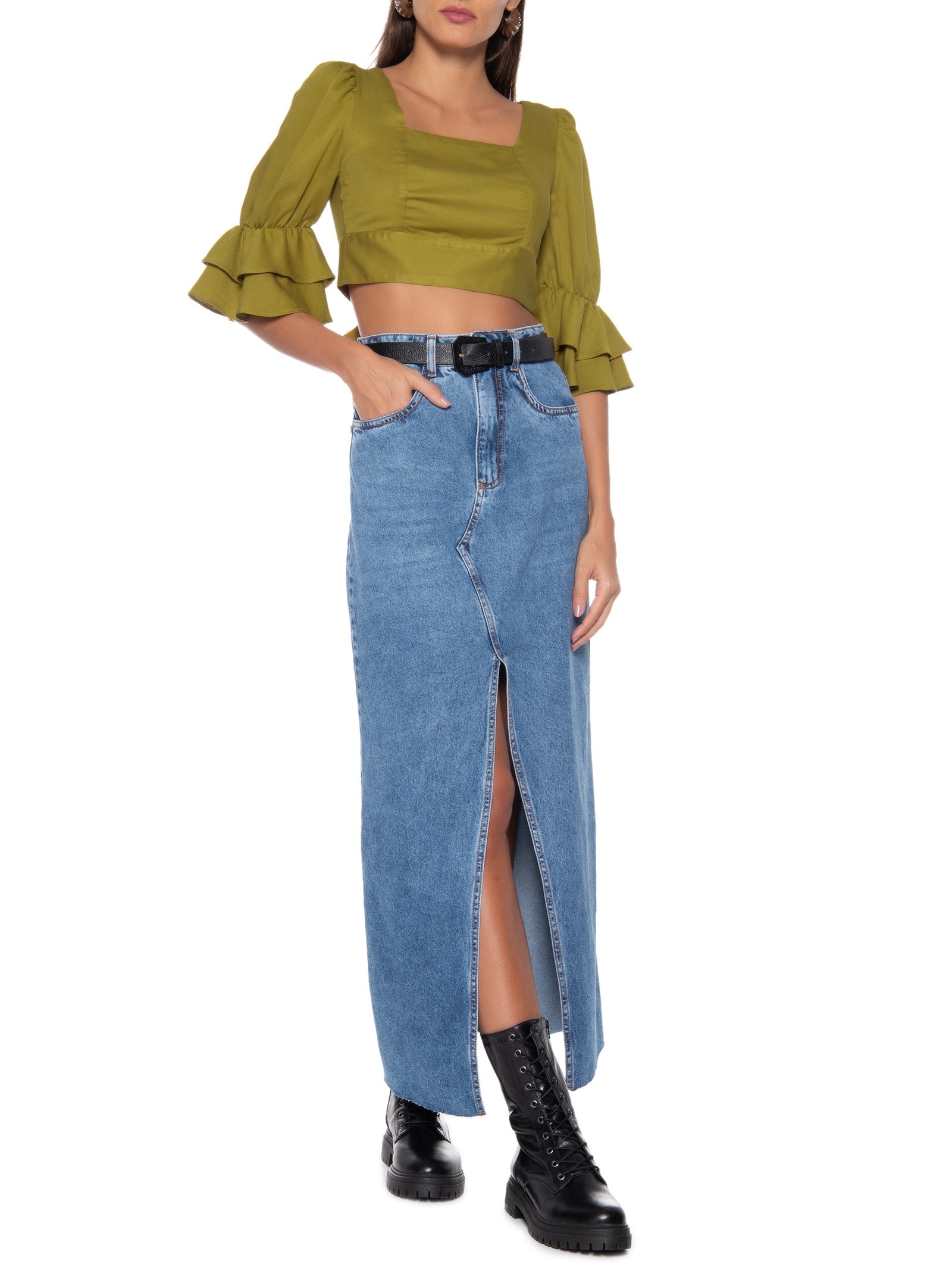 Blusa Feminina Cropped Com Babado Na Manga Verde Basiq