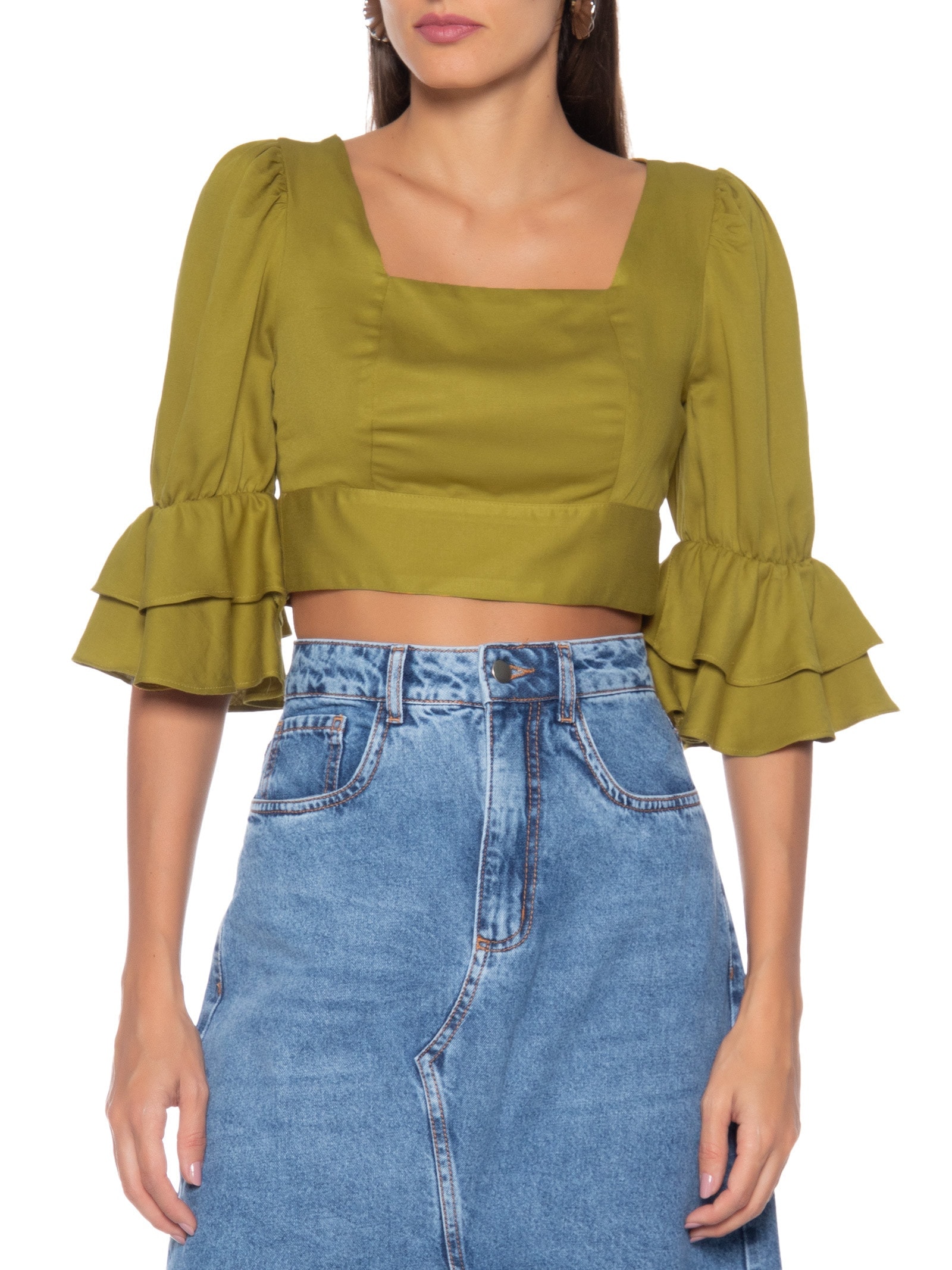 Blusa Feminina Cropped Com Babado Na Manga Verde Basiq