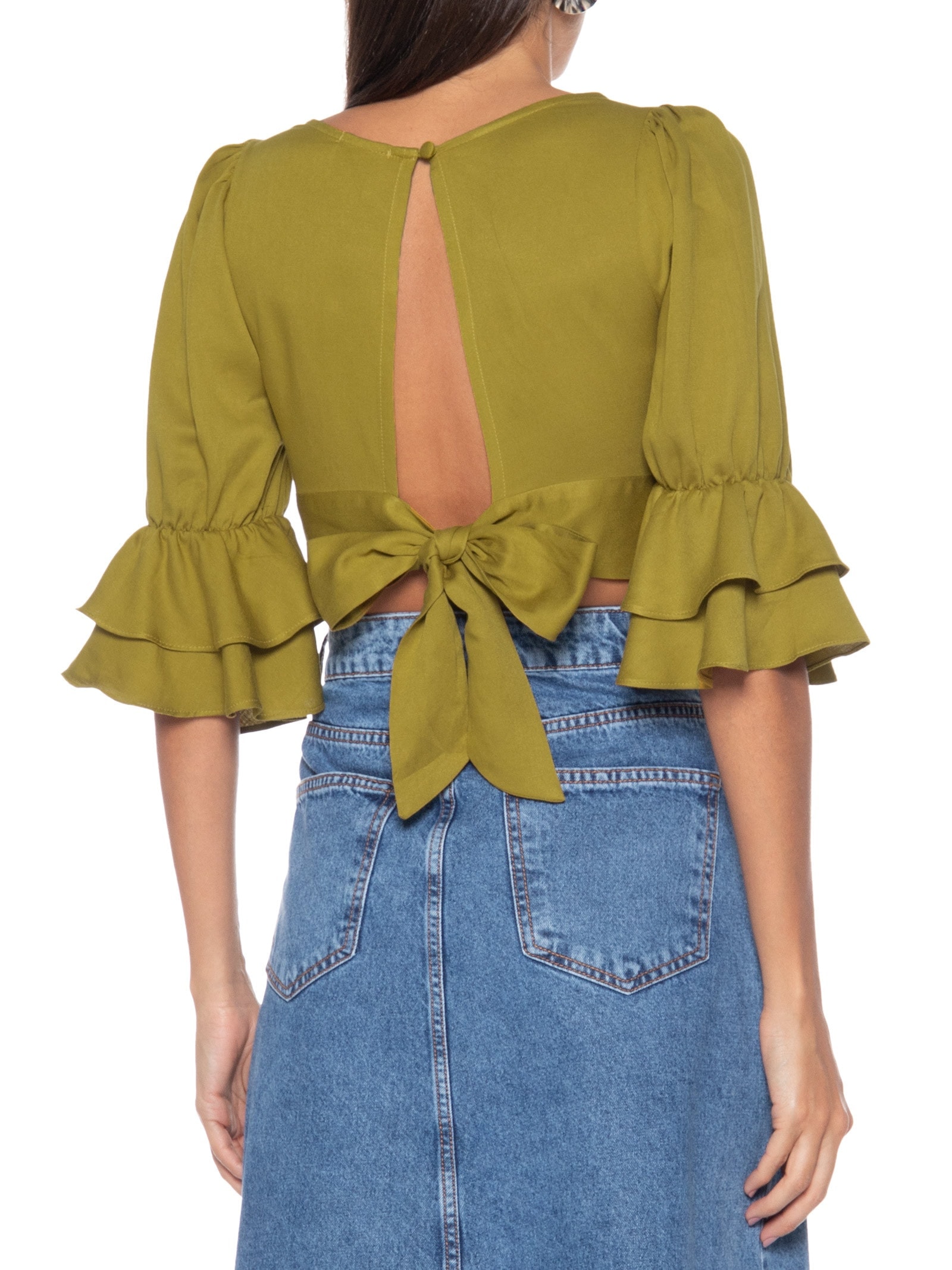Blusa Feminina Cropped Com Babado Na Manga Verde Basiq
