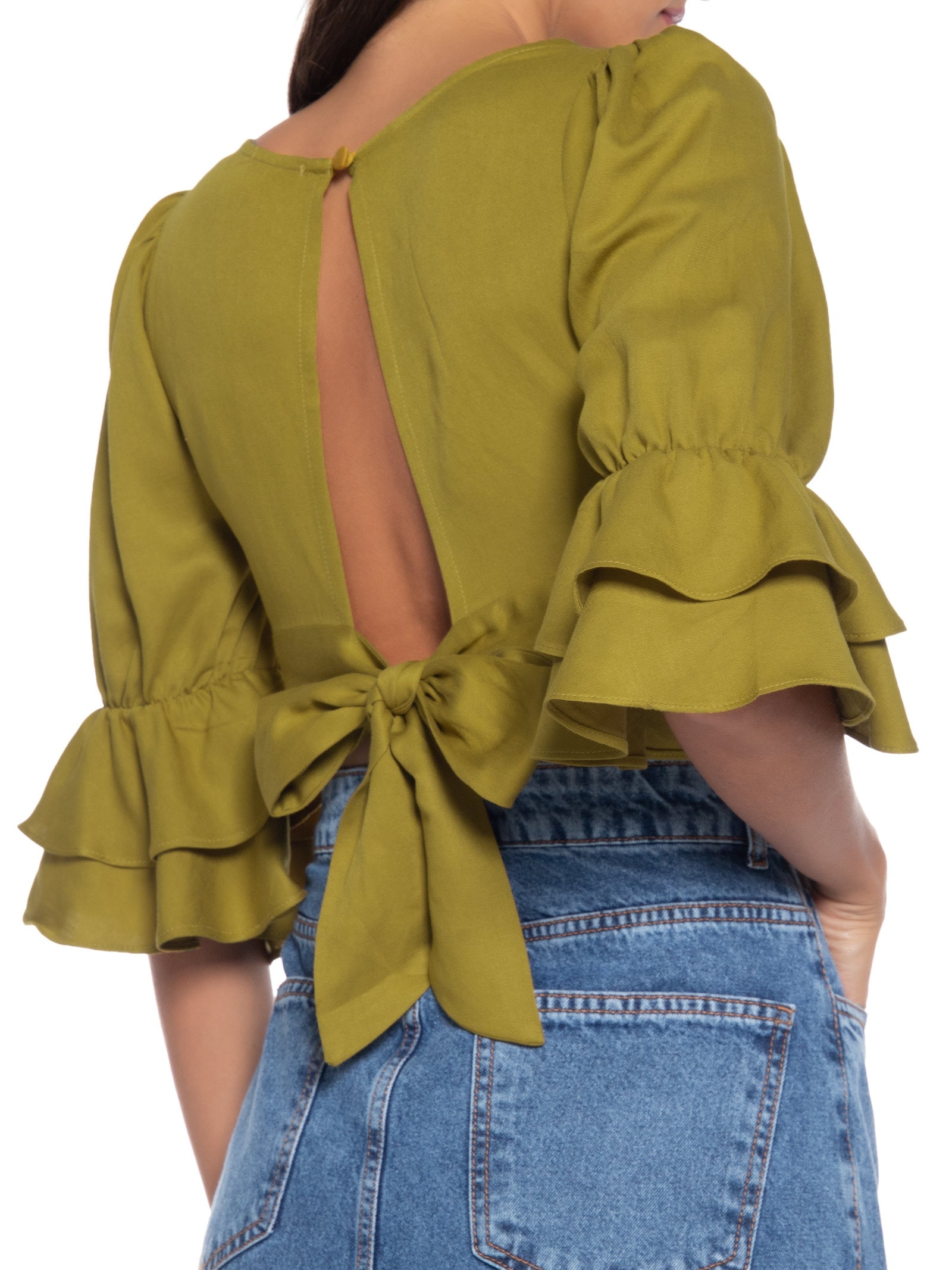 Blusa Feminina Cropped Com Babado Na Manga Verde Basiq