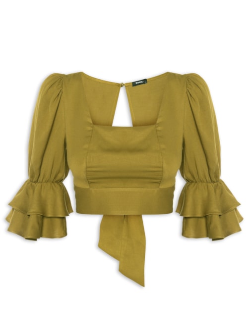 Blusa Feminina Cropped Com Babado Na Manga - Verde