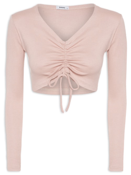 Blusa Feminina Cropped Decote Amarração Malha Canelada – Rosa