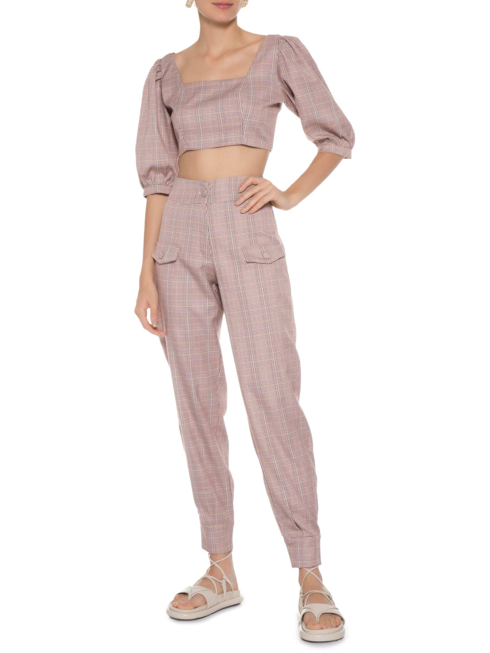 Blusa Feminina Cropped Em Xadrez Manga Curta Vermelho '2Essential