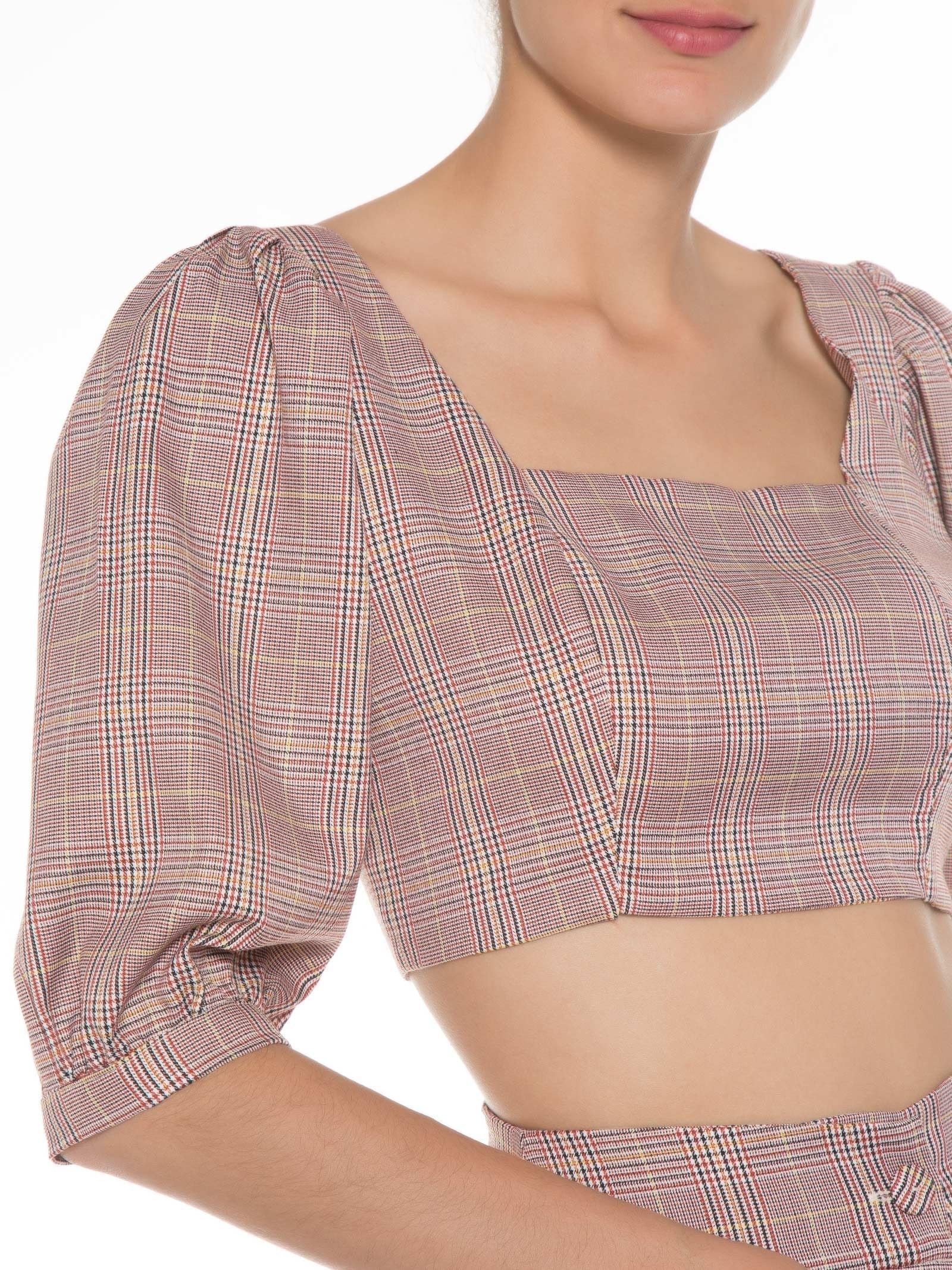 Blusa Feminina Cropped Em Xadrez Manga Curta Vermelho '2Essential