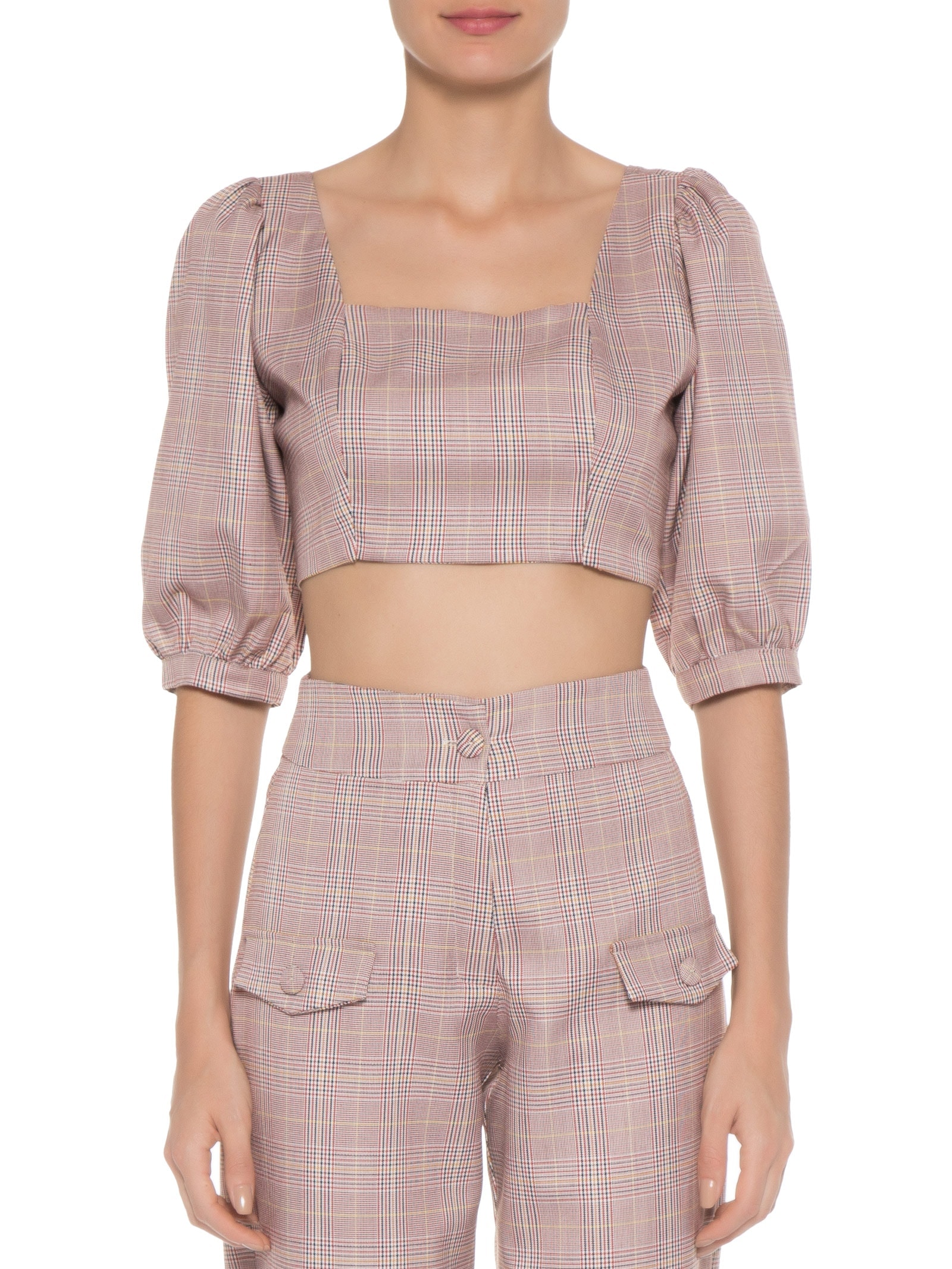 Blusa Feminina Cropped Em Xadrez Manga Curta Vermelho '2Essential