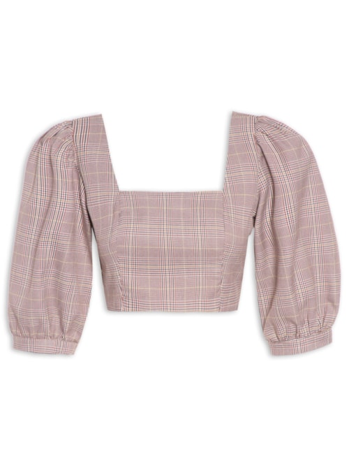 Blusa Feminina Cropped Em Xadrez Manga Curta - Vermelho