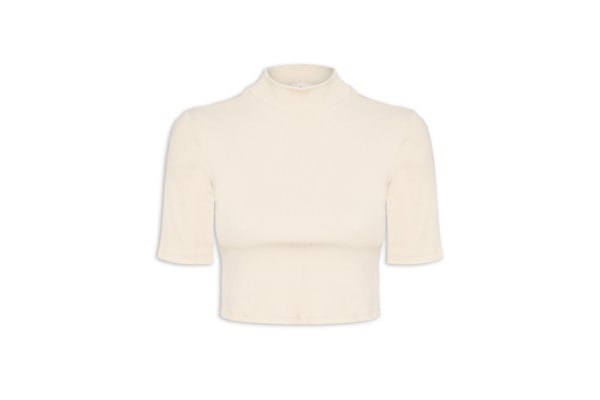 Blusa Feminina Cropped Gola Alta Canelada - Bege