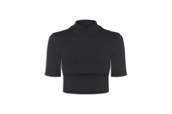 Blusa Feminina Cropped Gola Alta Canelada - Preto
