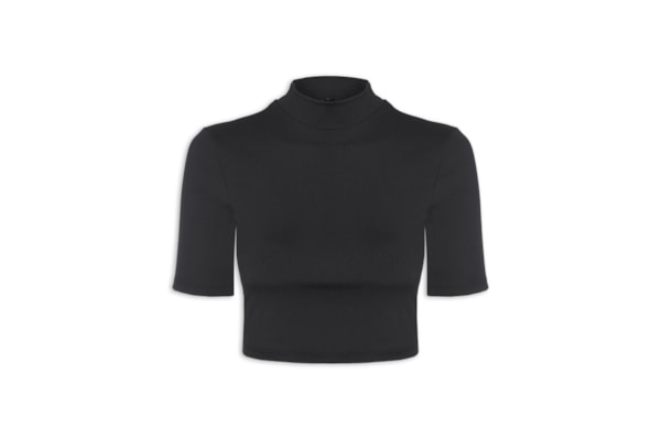 Blusa Feminina Cropped Gola Alta Canelada - Preto