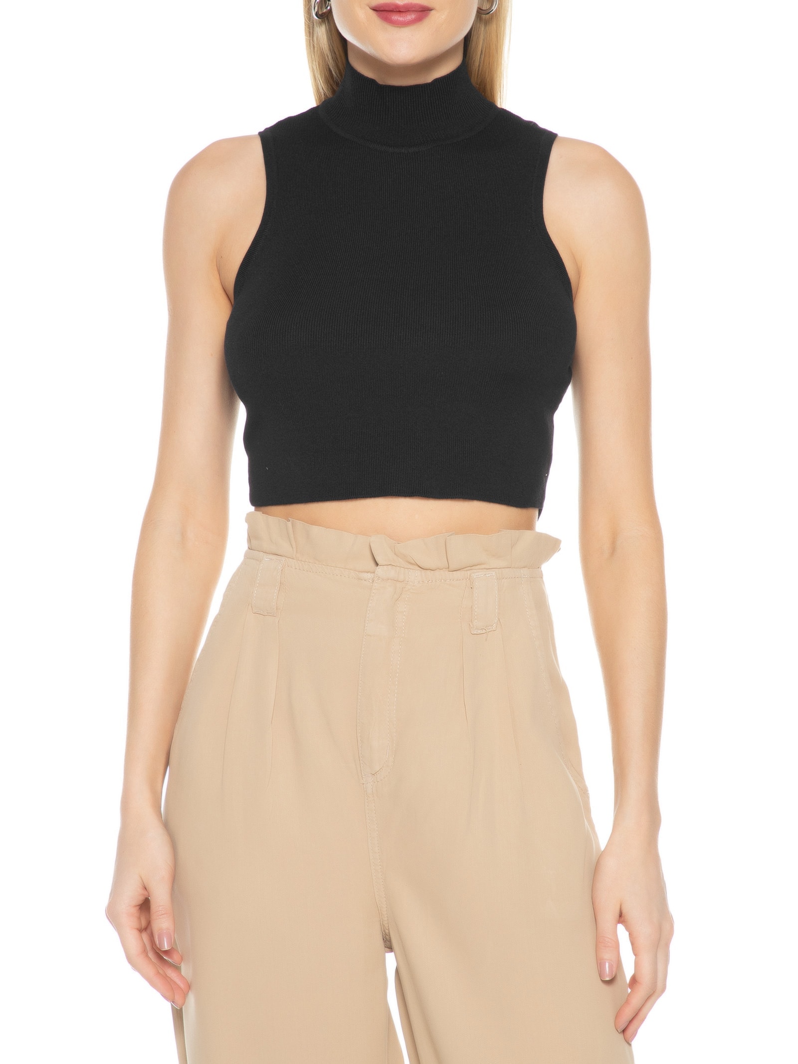 Blusa Feminina Cropped Gola Alta Preto Dzarm
