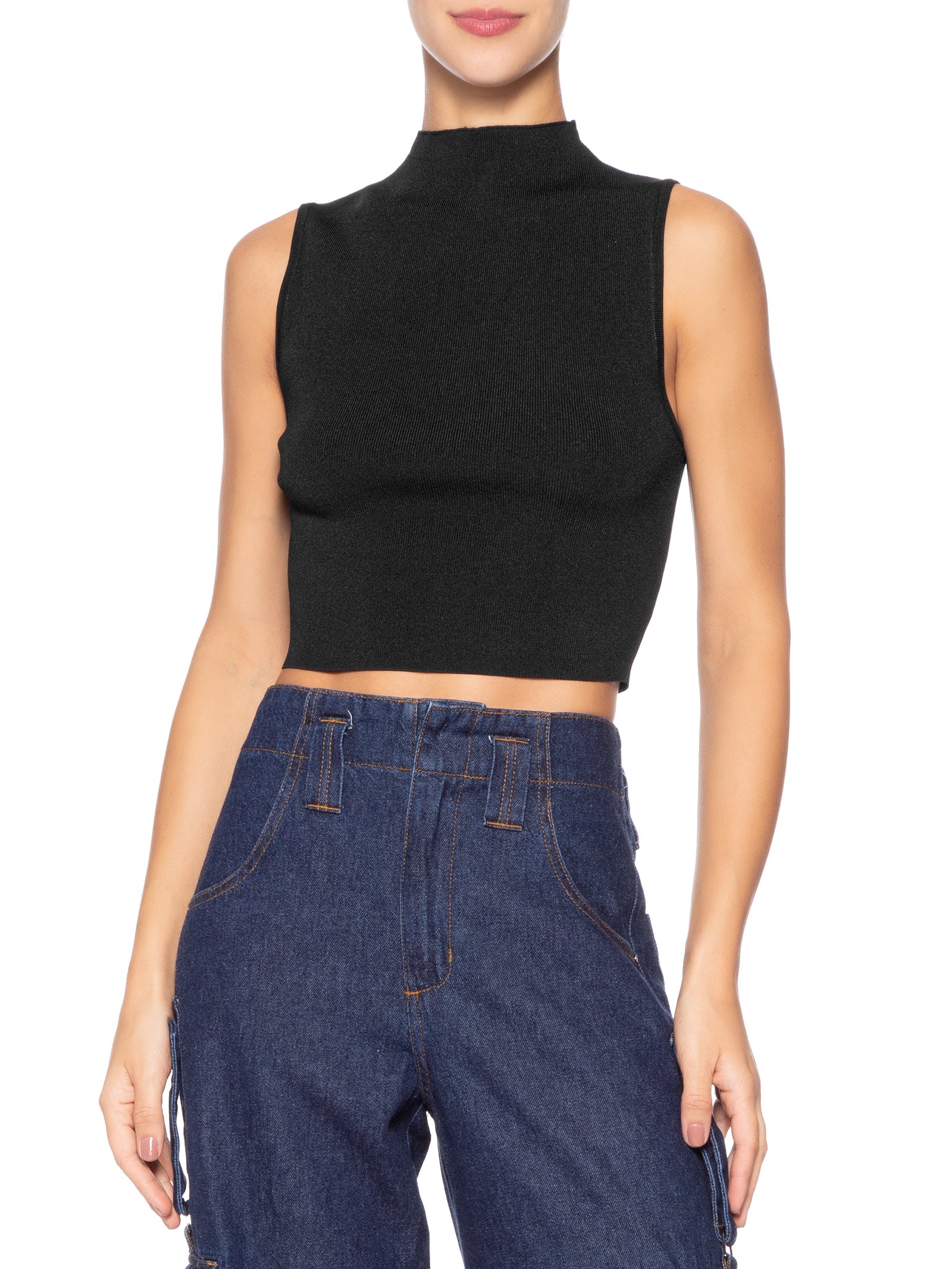Blusa Feminina Cropped Gola Alta Preto Animale