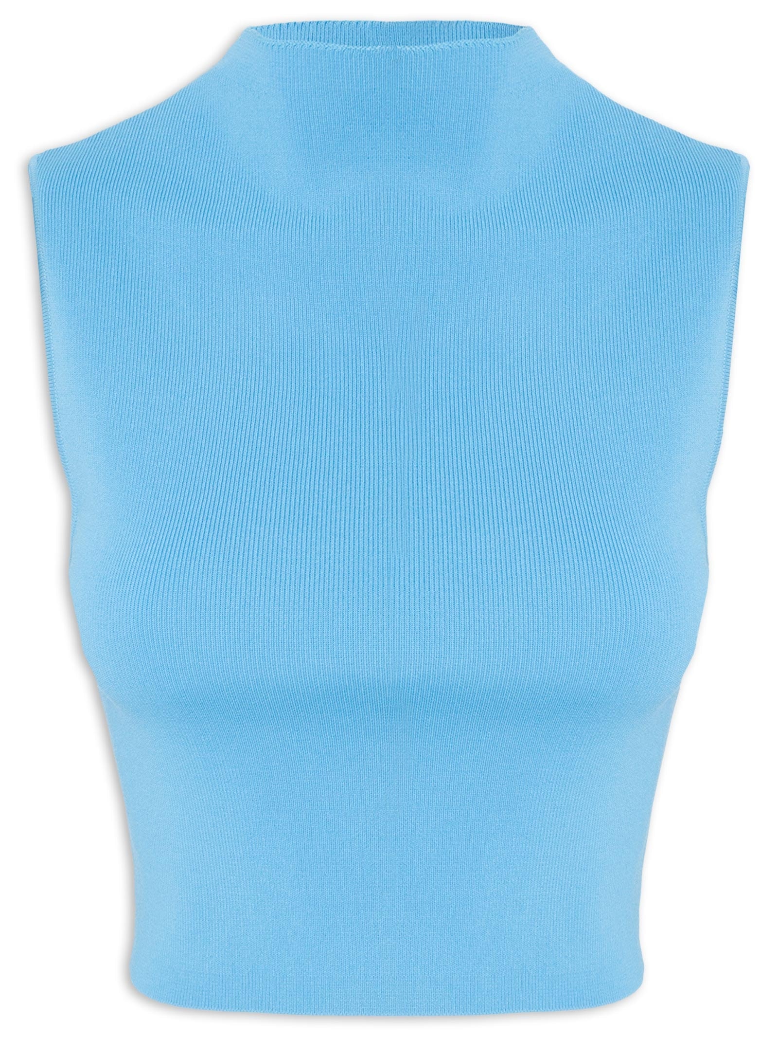 Blusa Feminina Cropped Gola Alta Tricot Color Azul Animale