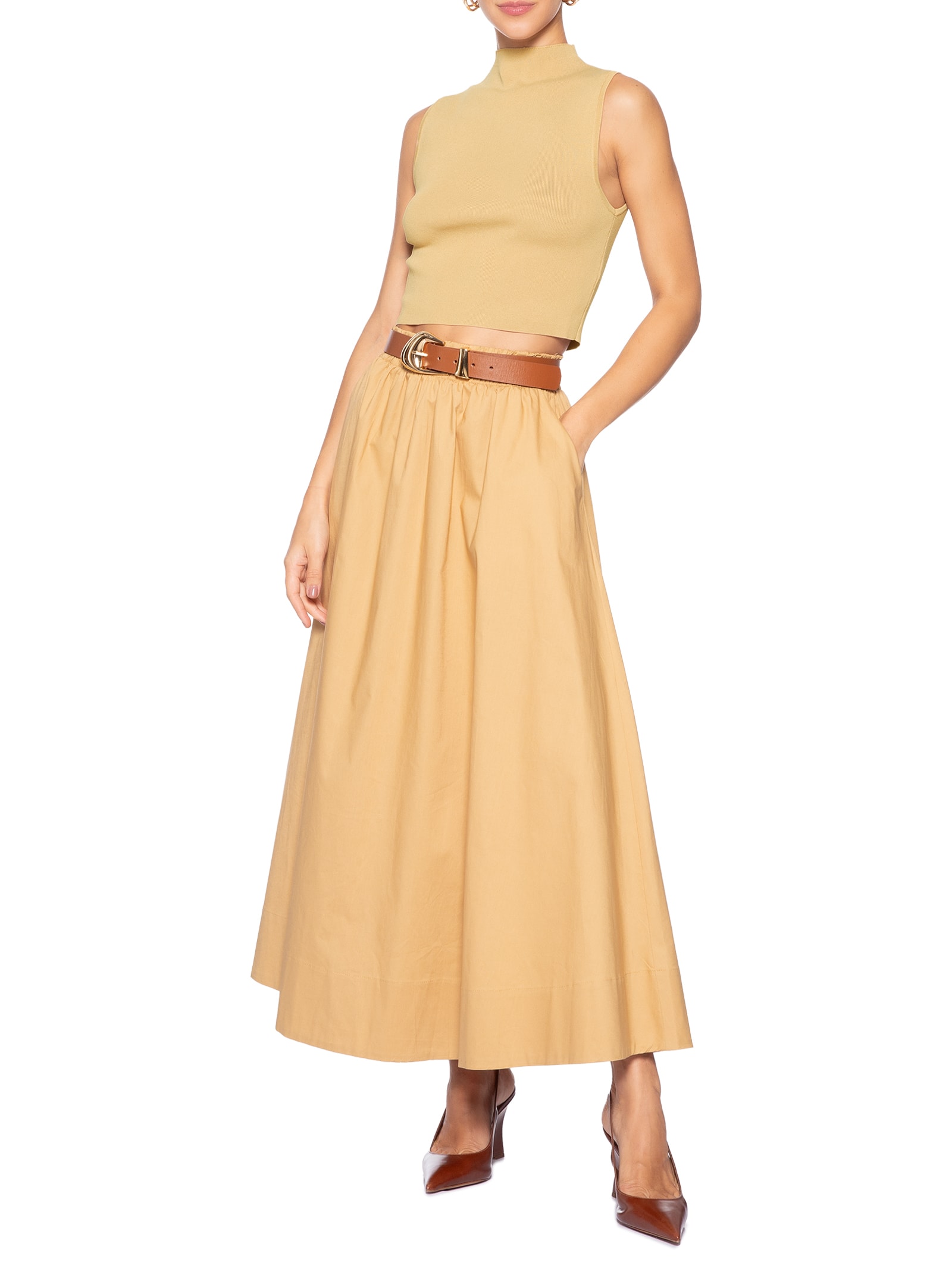 Blusa Feminina Cropped Gola Alta Tricot Color Bege Animale