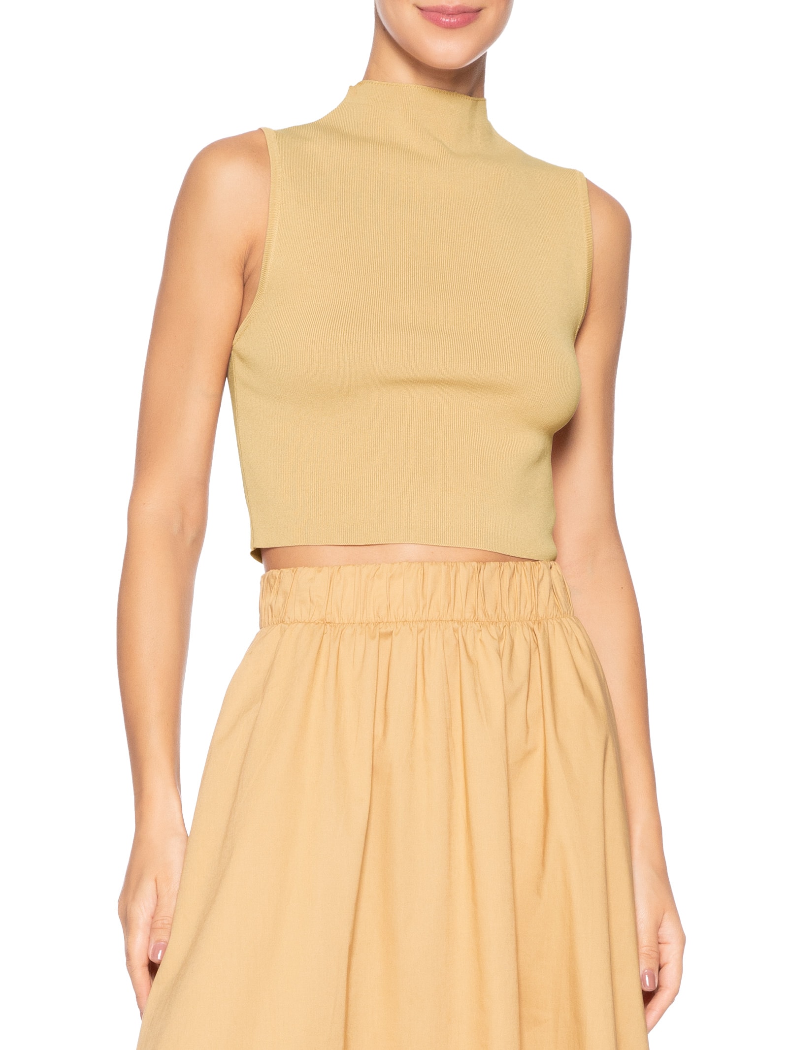 Blusa Feminina Cropped Gola Alta Tricot Color Bege Animale