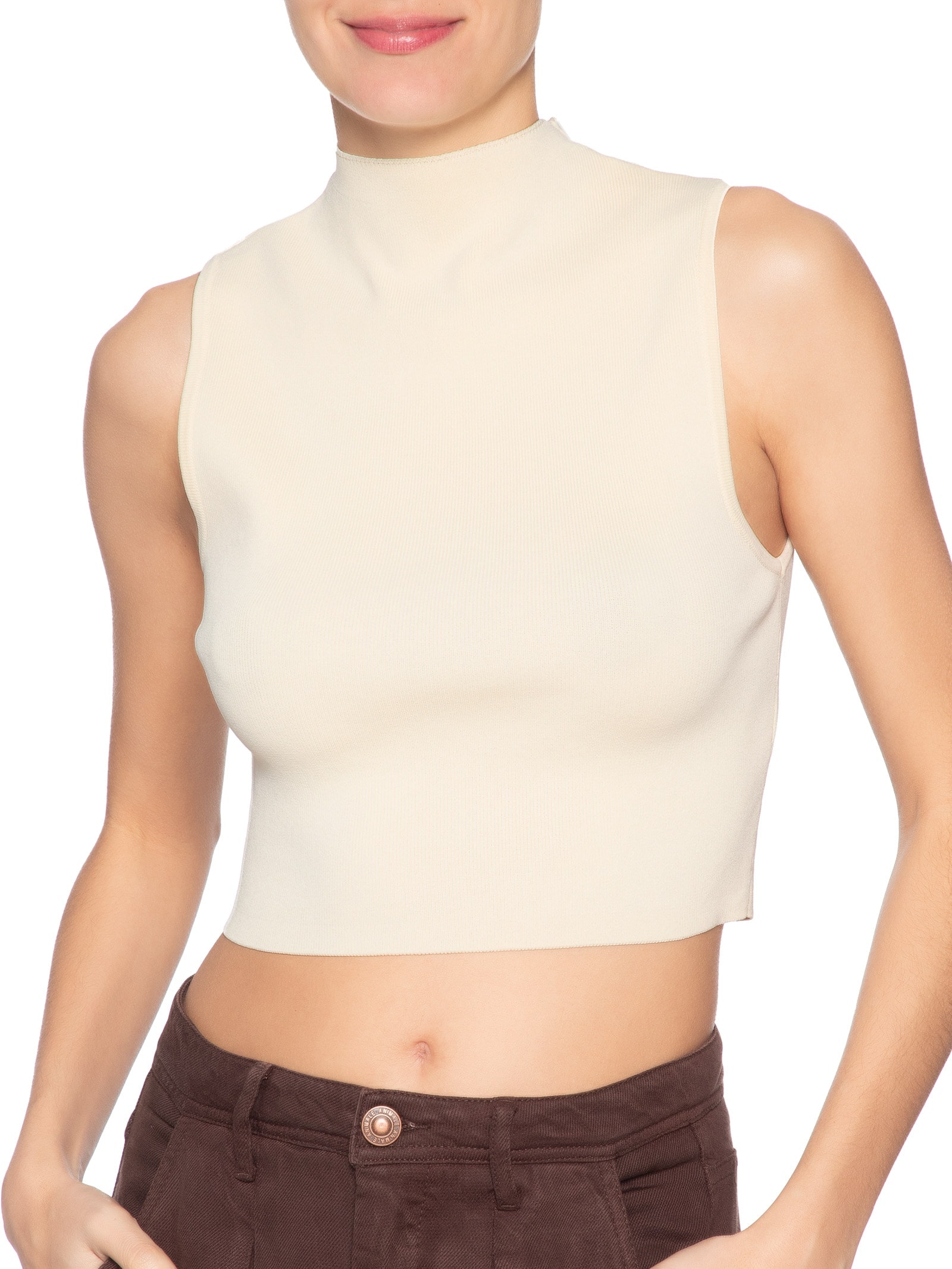 Blusa Feminina Cropped Gola Alta Tricot Color – Off White Animale