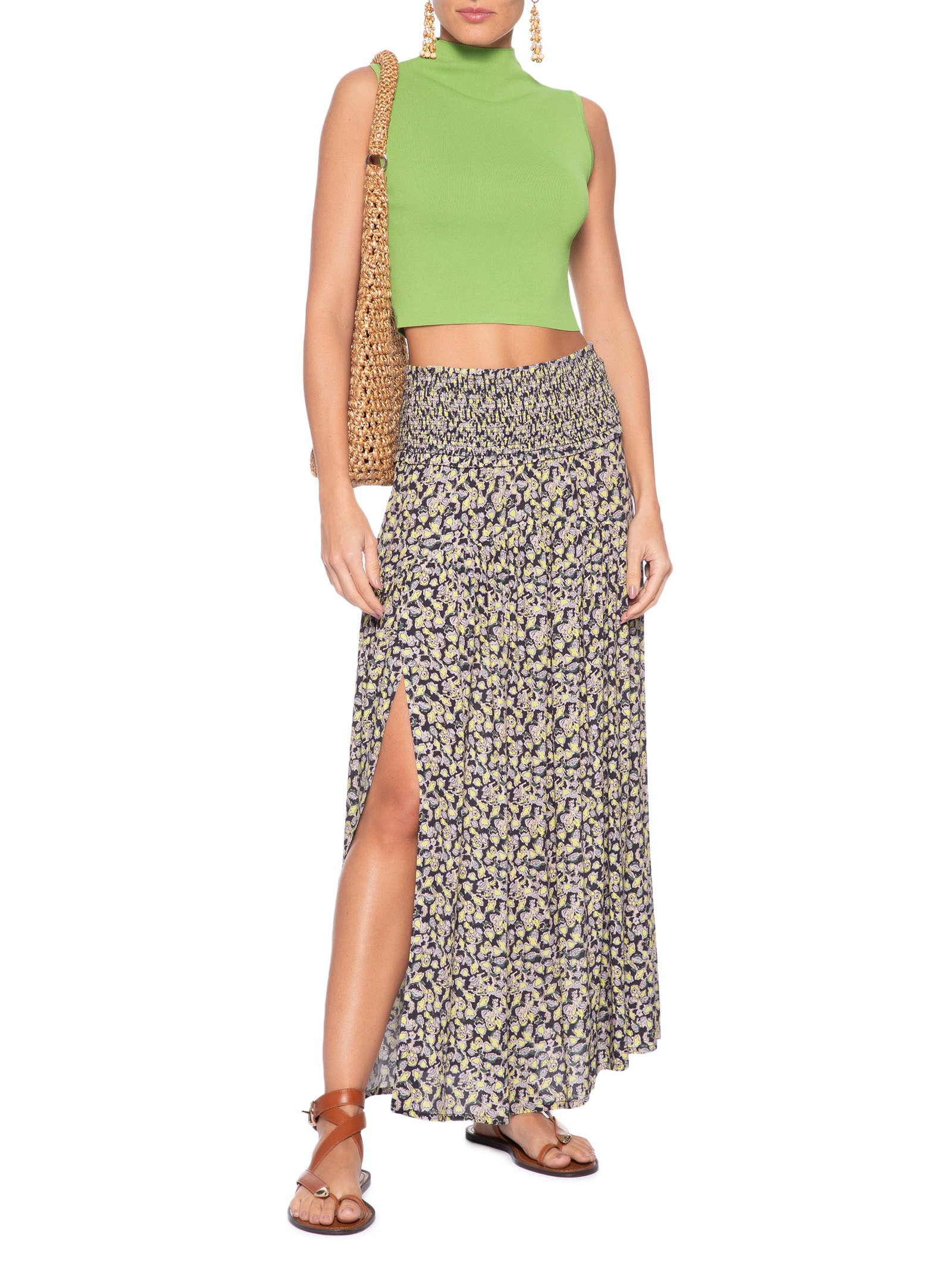 Blusa Feminina Cropped Gola Alta Tricot Verde Animale