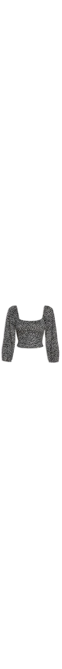 Blusa Feminina Cropped Malha Poá Manga Elástico - Preto