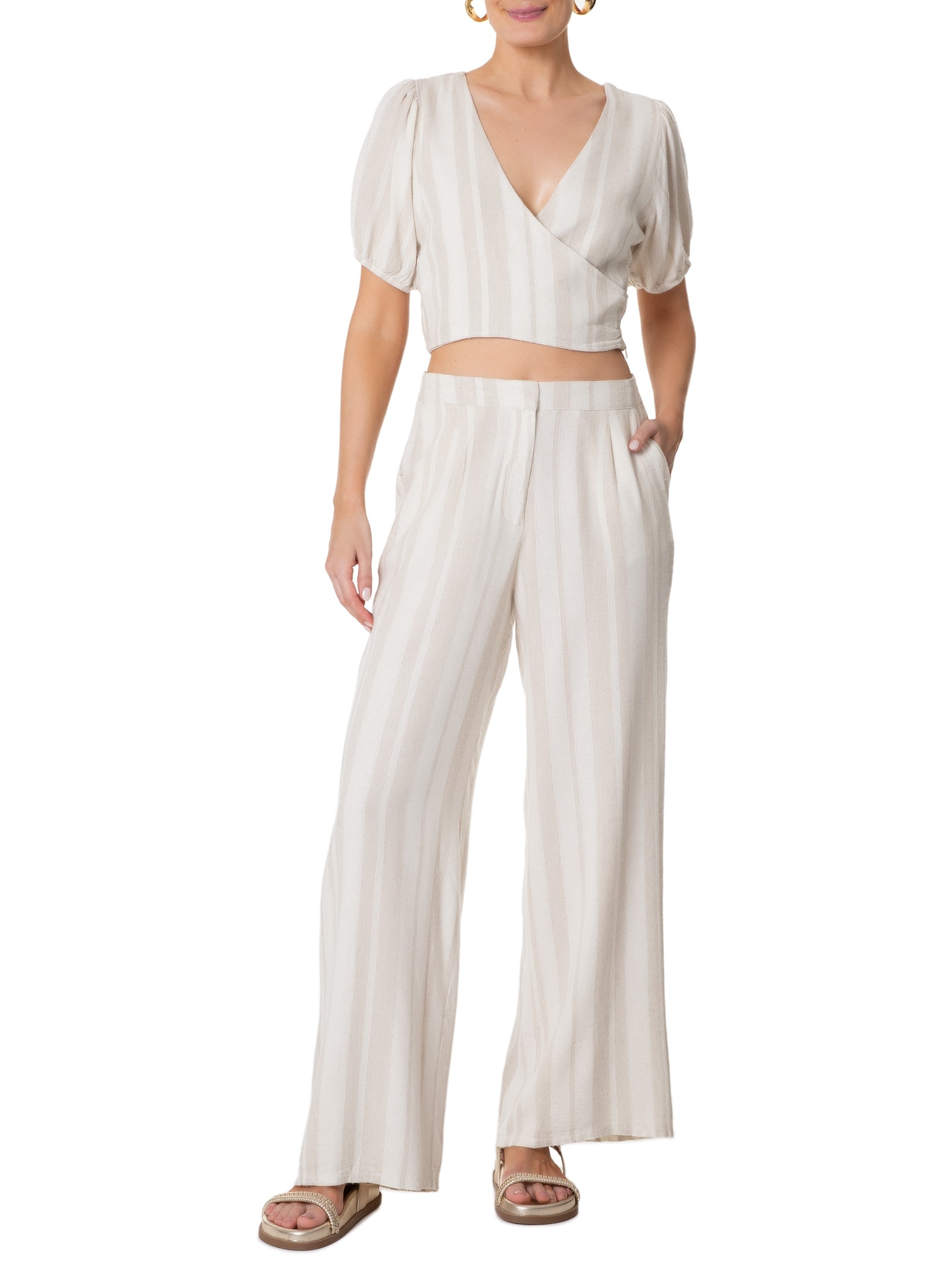 Blusa Feminina Cropped Manga Bufante Bege Basiq