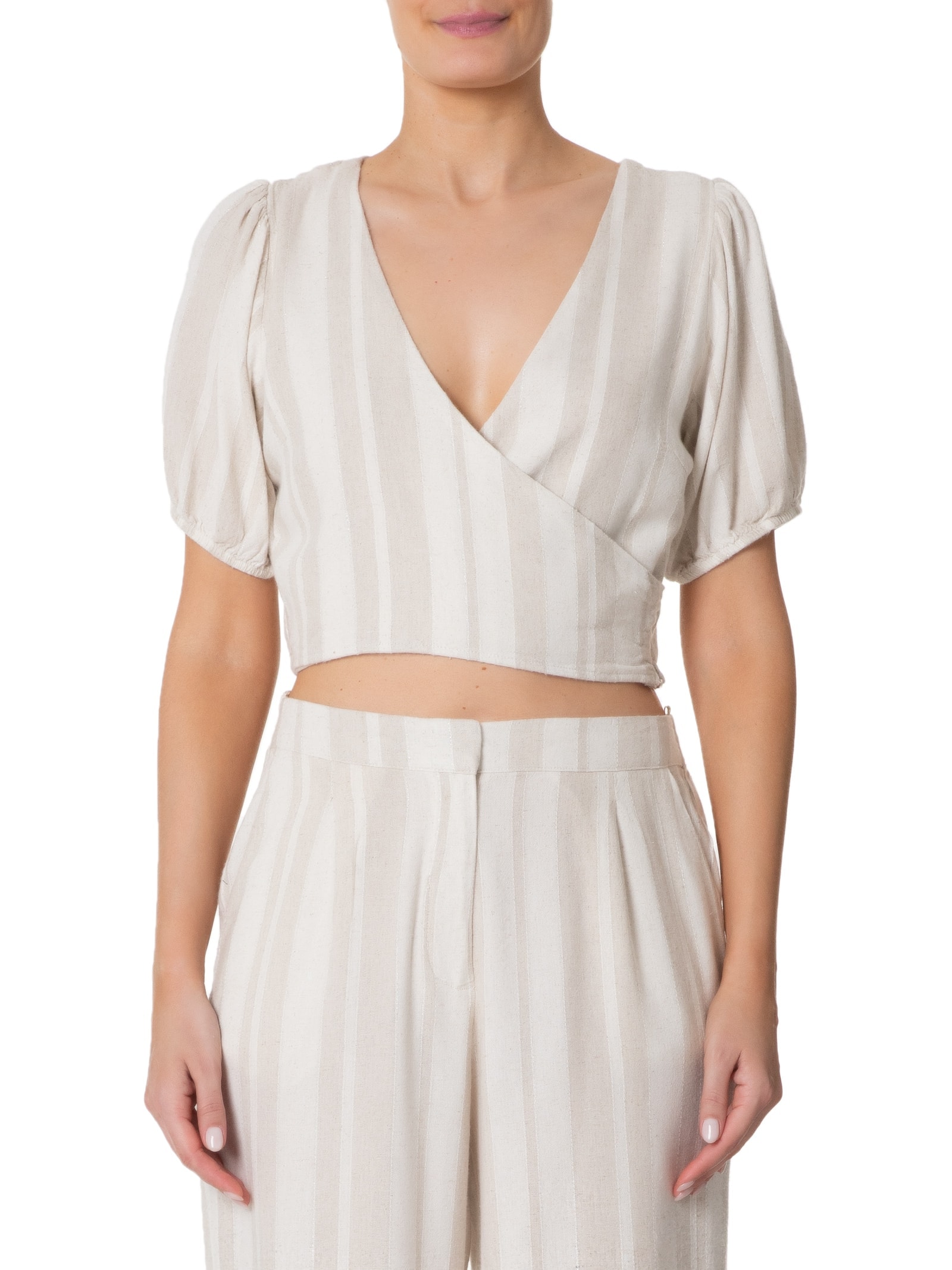 Blusa Feminina Cropped Manga Bufante Bege Basiq