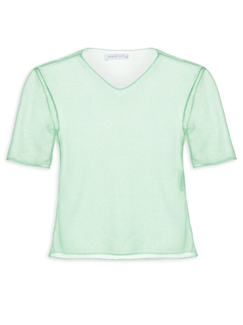 Blusa Feminina Cropped Manga Curta Em Tule – Verde