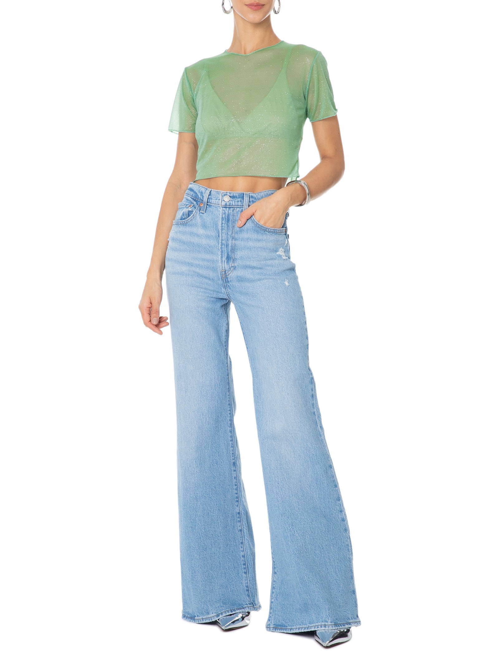 Blusa Feminina Cropped Manga Curta Em Tule Verde Market 33