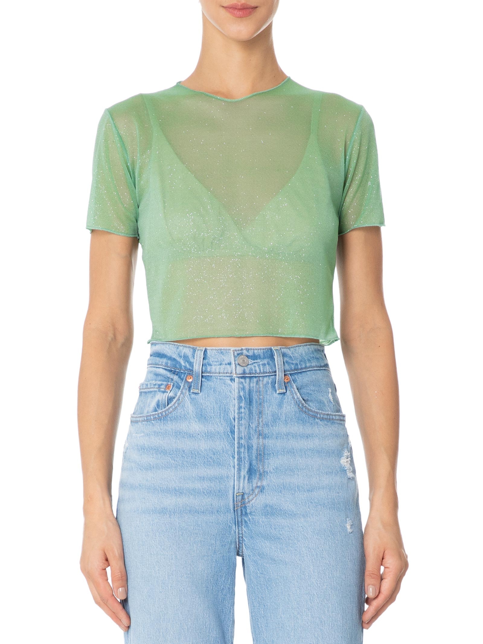 Blusa Feminina Cropped Manga Curta Em Tule Verde Market 33
