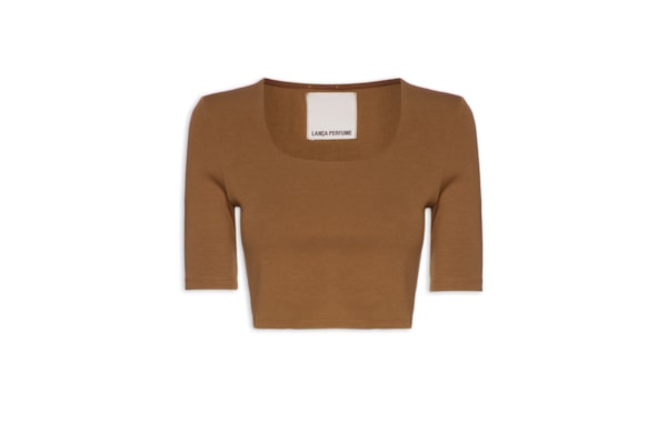 Blusa Feminina Cropped Manga Curta - Marrom