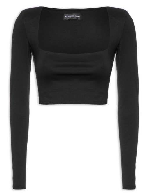 Blusa Feminina Cropped Manga Longa - Preto