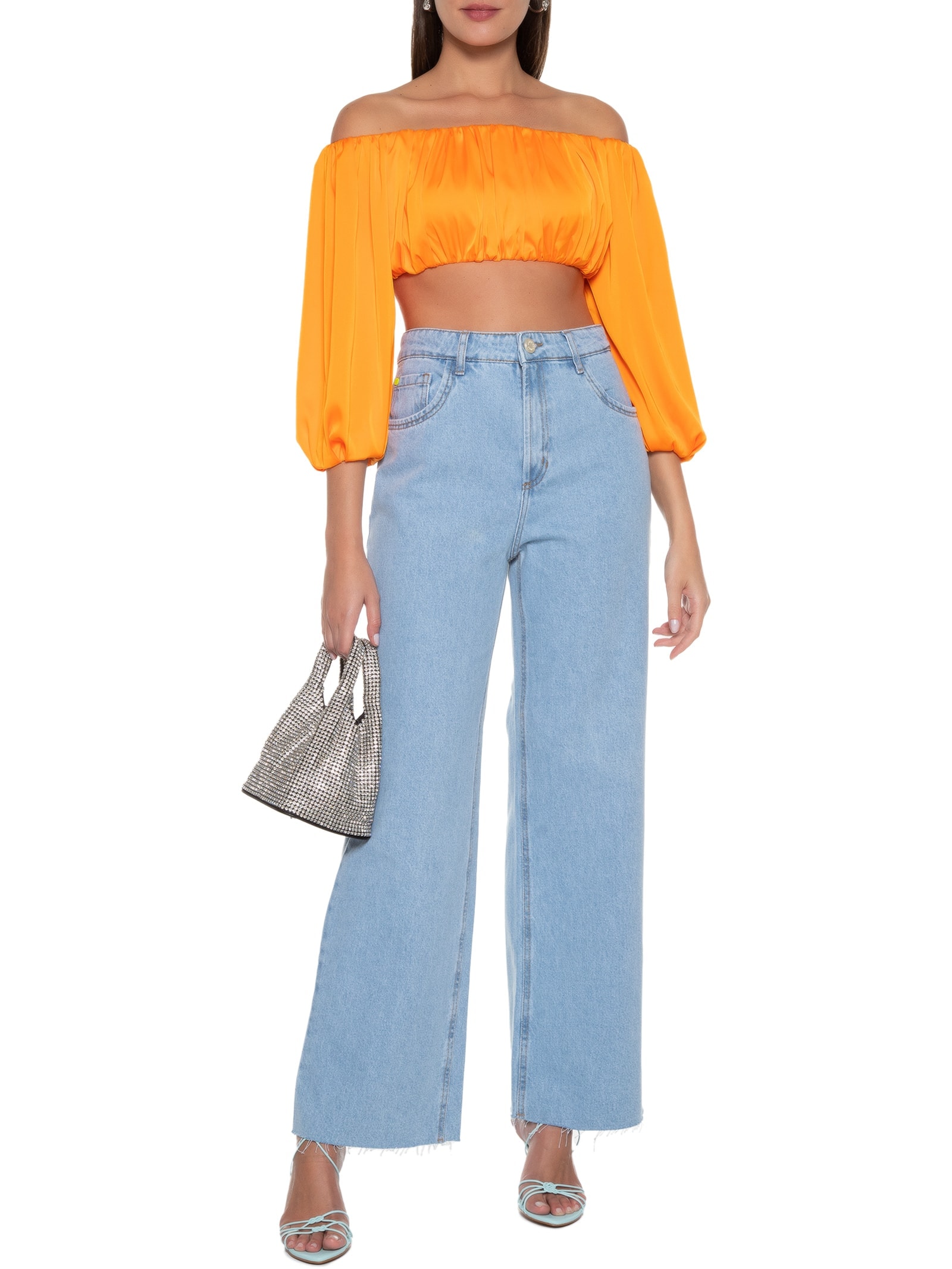 Blusa Feminina Cropped Ombro A Ombro Laranja Lança Perfume