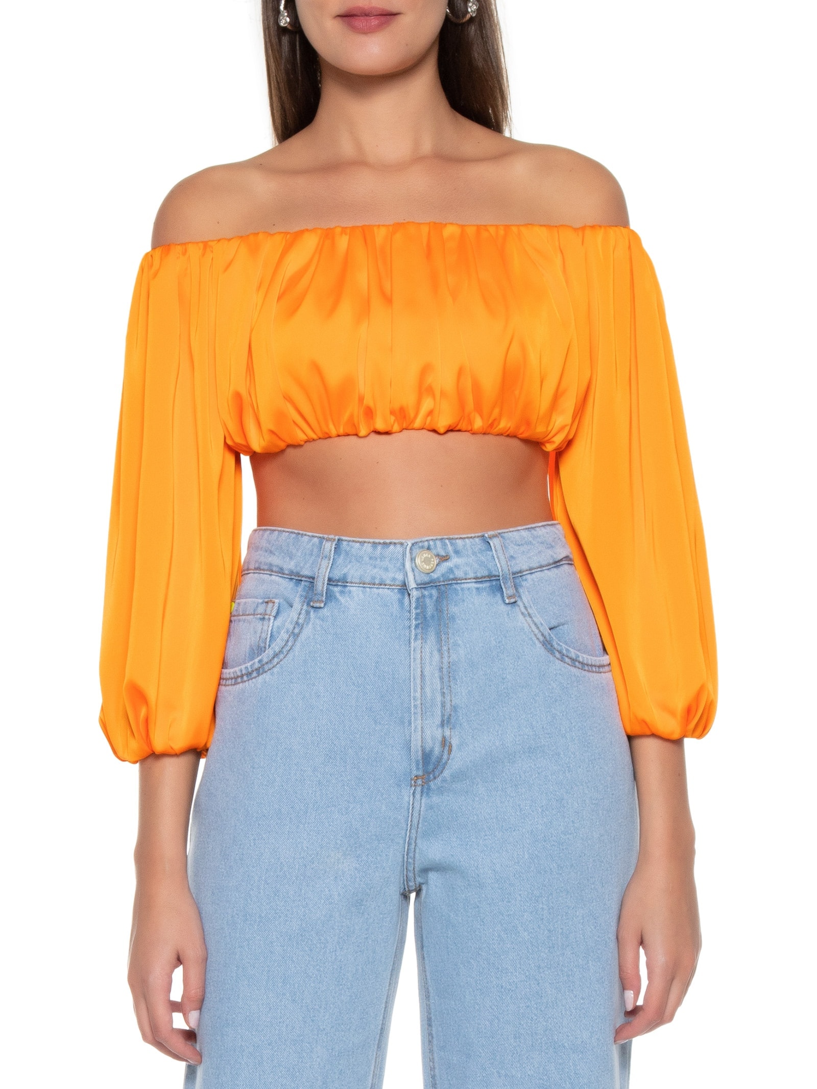 Blusa Feminina Cropped Ombro A Ombro Laranja Lança Perfume