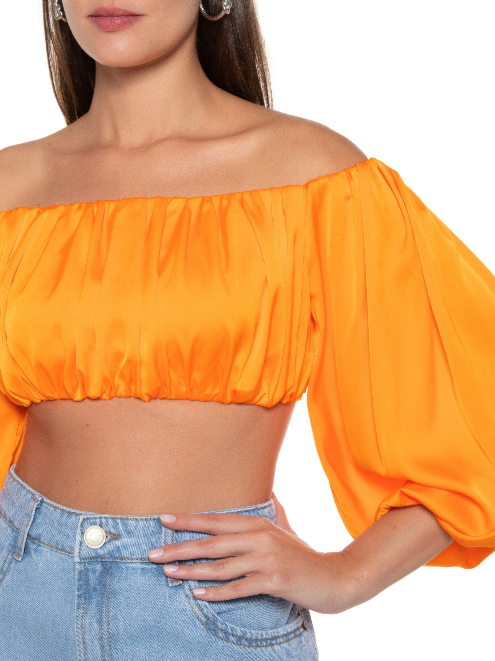 Blusa Feminina Cropped Ombro A Ombro Laranja Lança Perfume