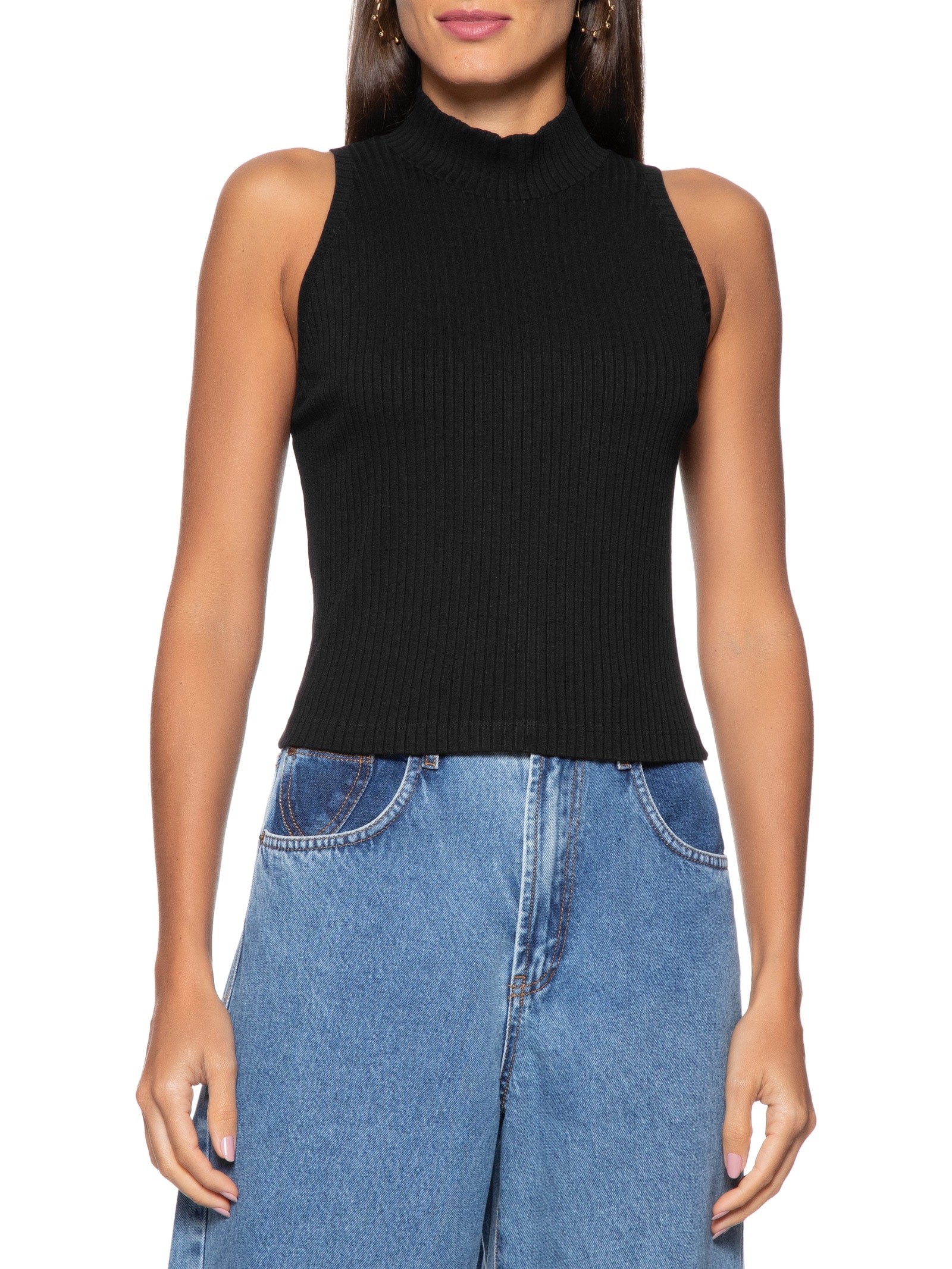Blusa Feminina Cropped Raglan Canelada Preto Dress To