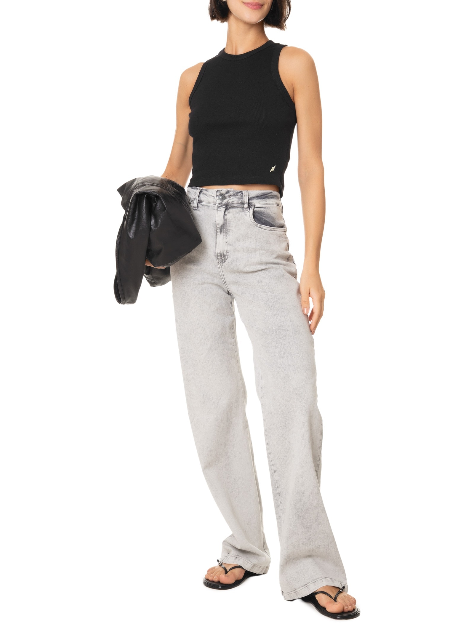 Blusa Feminina Cropped Rib Com Elástico Preto Cantão
