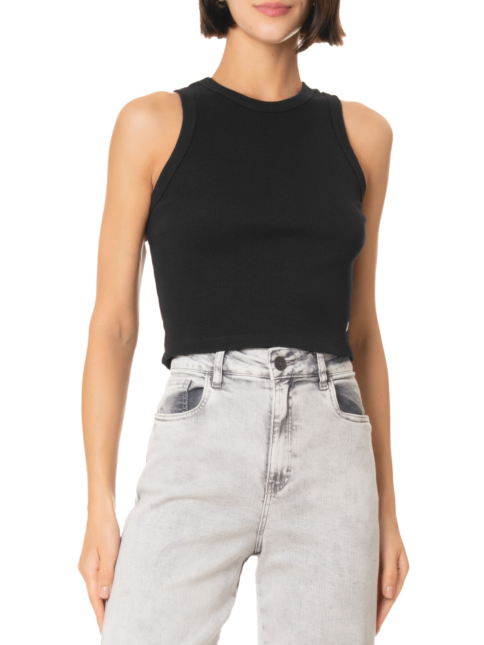 Blusa Feminina Cropped Rib Com Elástico Preto Cantão