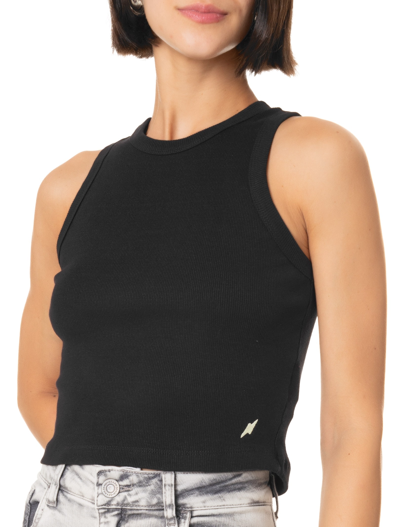 Blusa Feminina Cropped Rib Com Elástico Preto Cantão