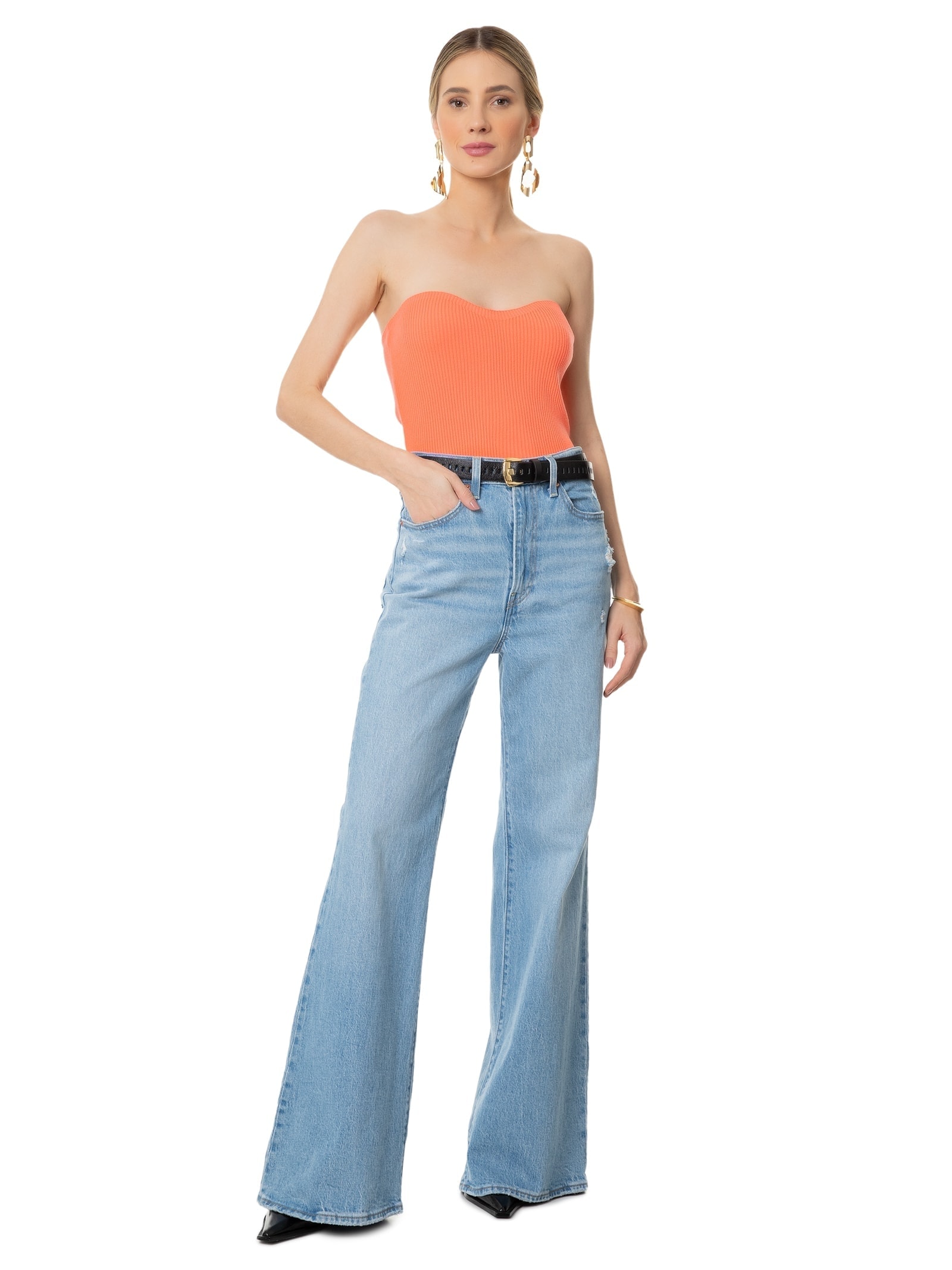 Blusa Feminina Cropped Sem Manga Feminina Em Tricot Laranja  Market 33