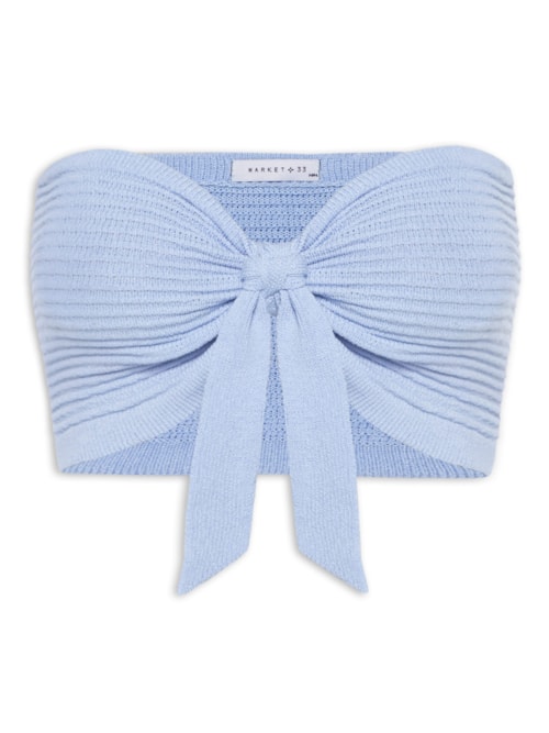 Blusa Feminina Cropped Tricot Com Amarração – Azul