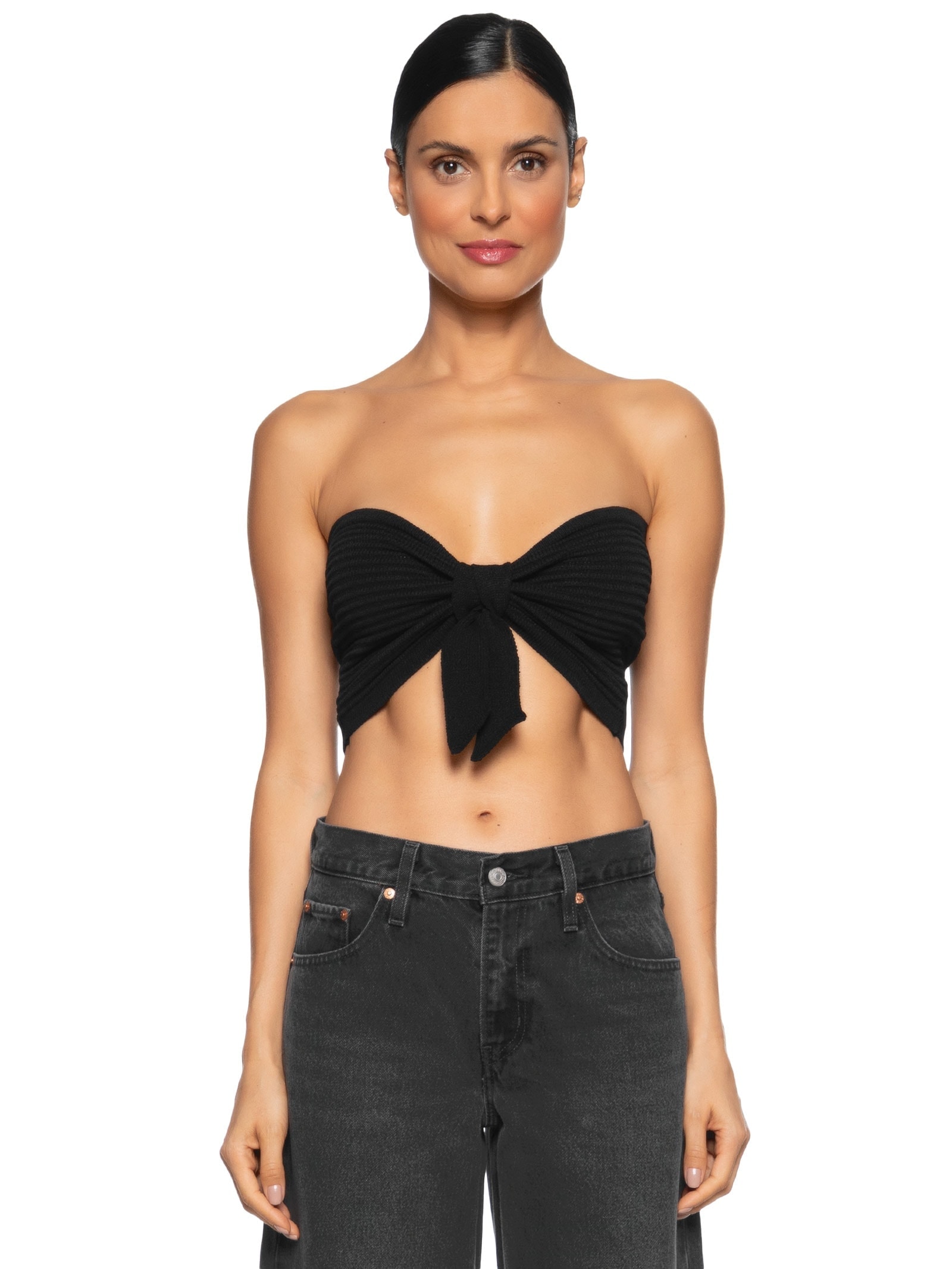 Blusa Feminina Cropped Tricot Laço Frente Preto Market 33