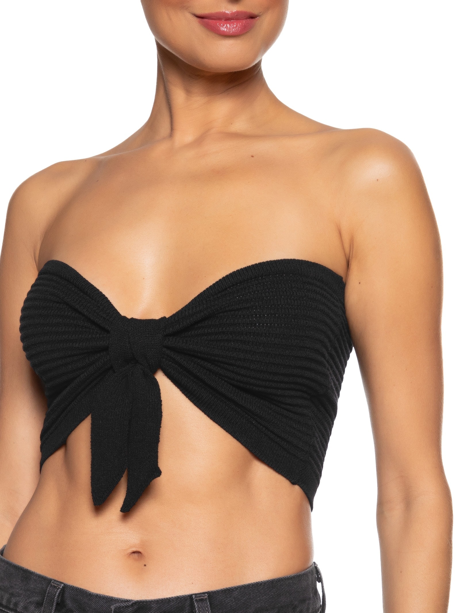 Blusa Feminina Cropped Tricot Laço Frente Preto Market 33