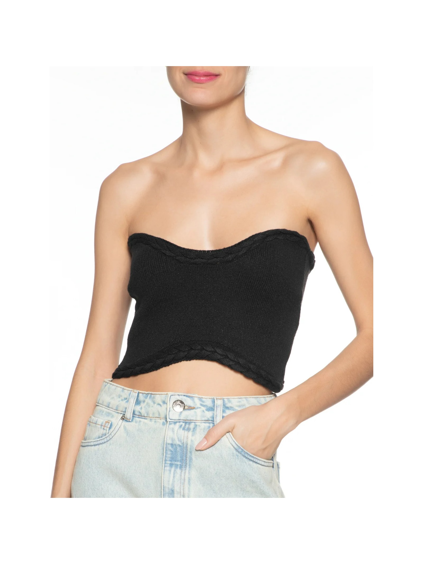 Blusa Feminina Cropped Tricot Trançado Preto Market 33