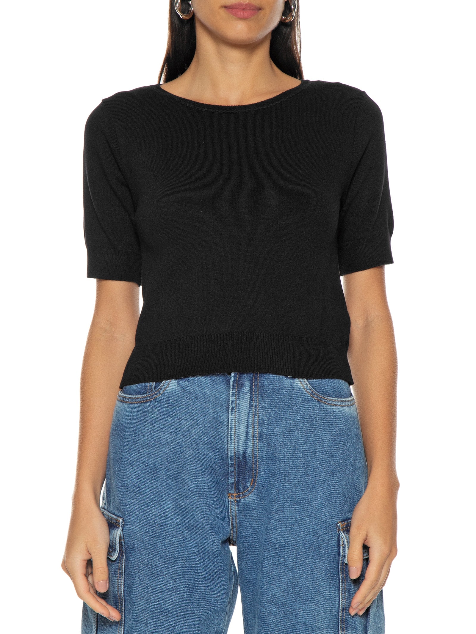 Calvin Klein Jeans - Blusa Feminina Cropped Viscose Com Lycra - Preto