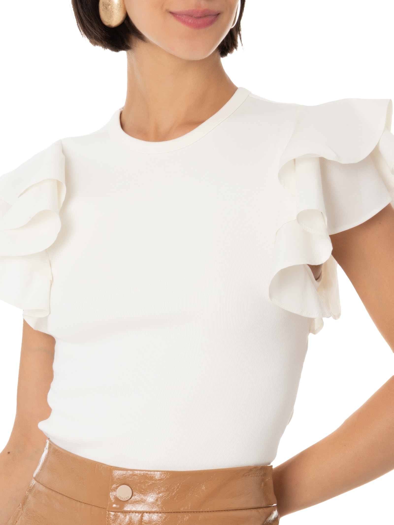 Blusa Feminina Curta com Babados na Manga Branco Lança Perfume